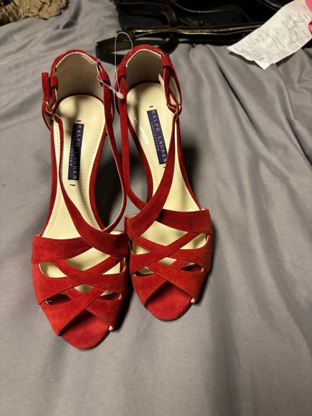 Ralph Lauren Purple Label Red Suede Crisscross Peep-Toe Sandals